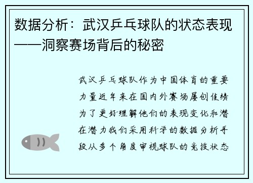 数据分析：武汉乒乓球队的状态表现——洞察赛场背后的秘密
