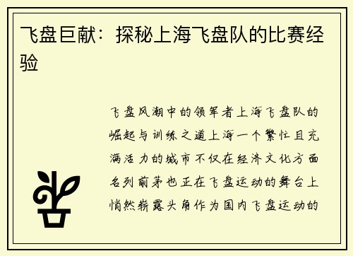 飞盘巨献：探秘上海飞盘队的比赛经验