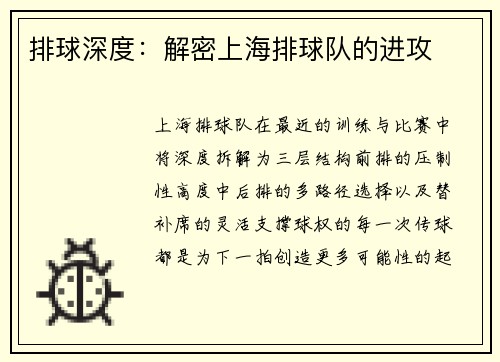 排球深度：解密上海排球队的进攻